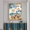 Golden Blue Flowers Nordic Poster Modern Abstract Wall Art Print Canvas Painting Wall Pictures for Living Room Home Decoration