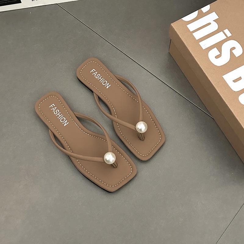 Новая приморская пляжная обувь Корейская версия женской летней моды плоская подошва простые однотонные жемчужные шлепанцы обувь универсальная
