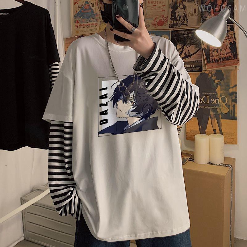 Футболка с аниме Bungou Stray Dogs Harajuku, крутая футболка с мангой Осаму Дадзай, хип-хоп, мужская футболка большого размера с длинными рукавами, летняя футболка в полоску