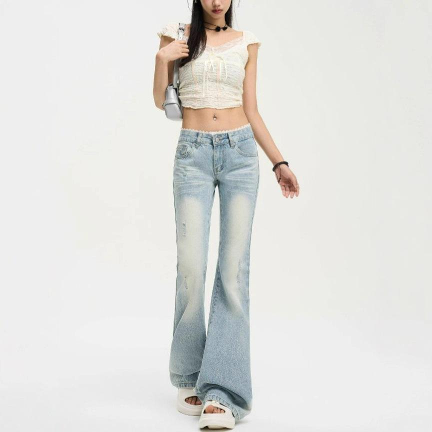 Кружевные вставки Микро-большие джинсы Женские Летние Выбеленные Голубые Ретро Скинни С низкой посадкой Джинсовые брюки Ретро Уличный стиль Мешковатые Длинные Джинсы для Леди