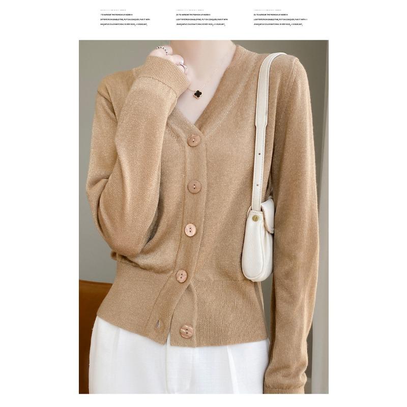 Весенне-осенний женский трикотаж, короткий свободный вязаный кардиган с длинными рукавами и v-образным вырезом, однотонная пряжка
