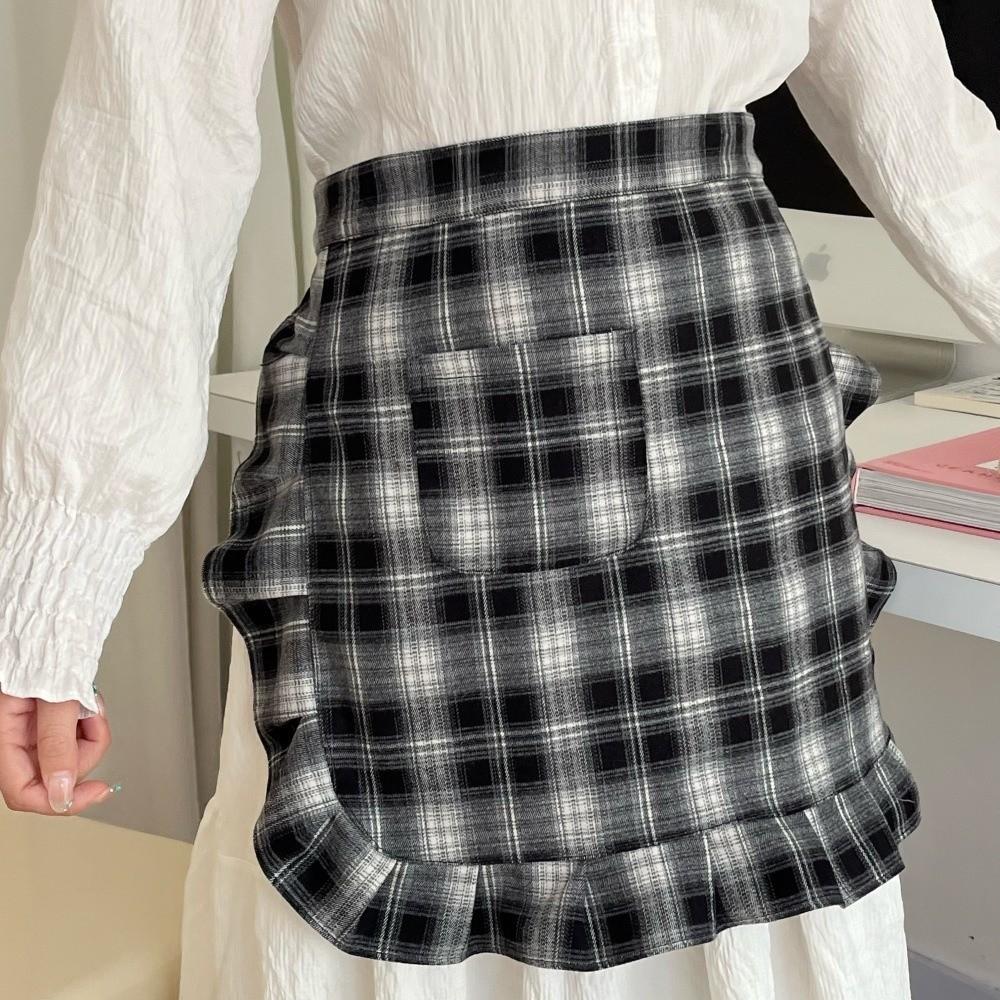 Fashion Floral Plaid Half Apron with Pocket Kitchen Cafe Baking Apron Restaurant Work Chef Waiter
