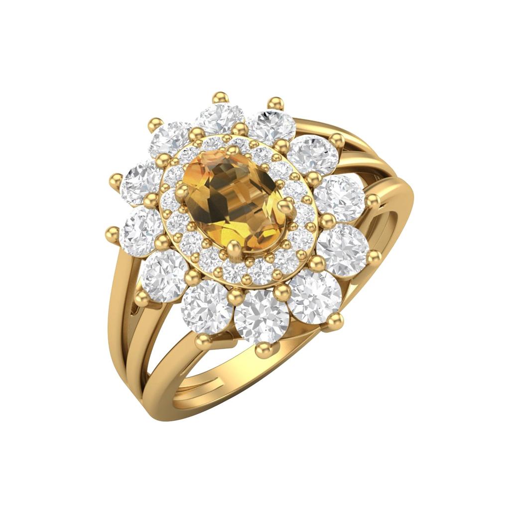 6X4MM Oval Citrine Gemstone 925 Sterling Silver Gold Plated Halo Split Shank Ring
