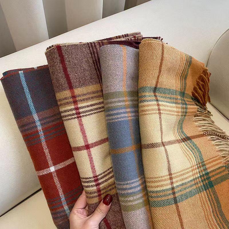 Double-sided Plaid Net Red New Cashmere Scarf Women's Autumn and Winter All-match Korean Version of The Big Shawl with A Bib To Keep Warm and Thicken
