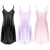 Mens Sissy Crossdressing Nightdress Sheer Lace Satin Adjustable Spaghetti Straps Irregular Hem Club Sleepwear Costume
