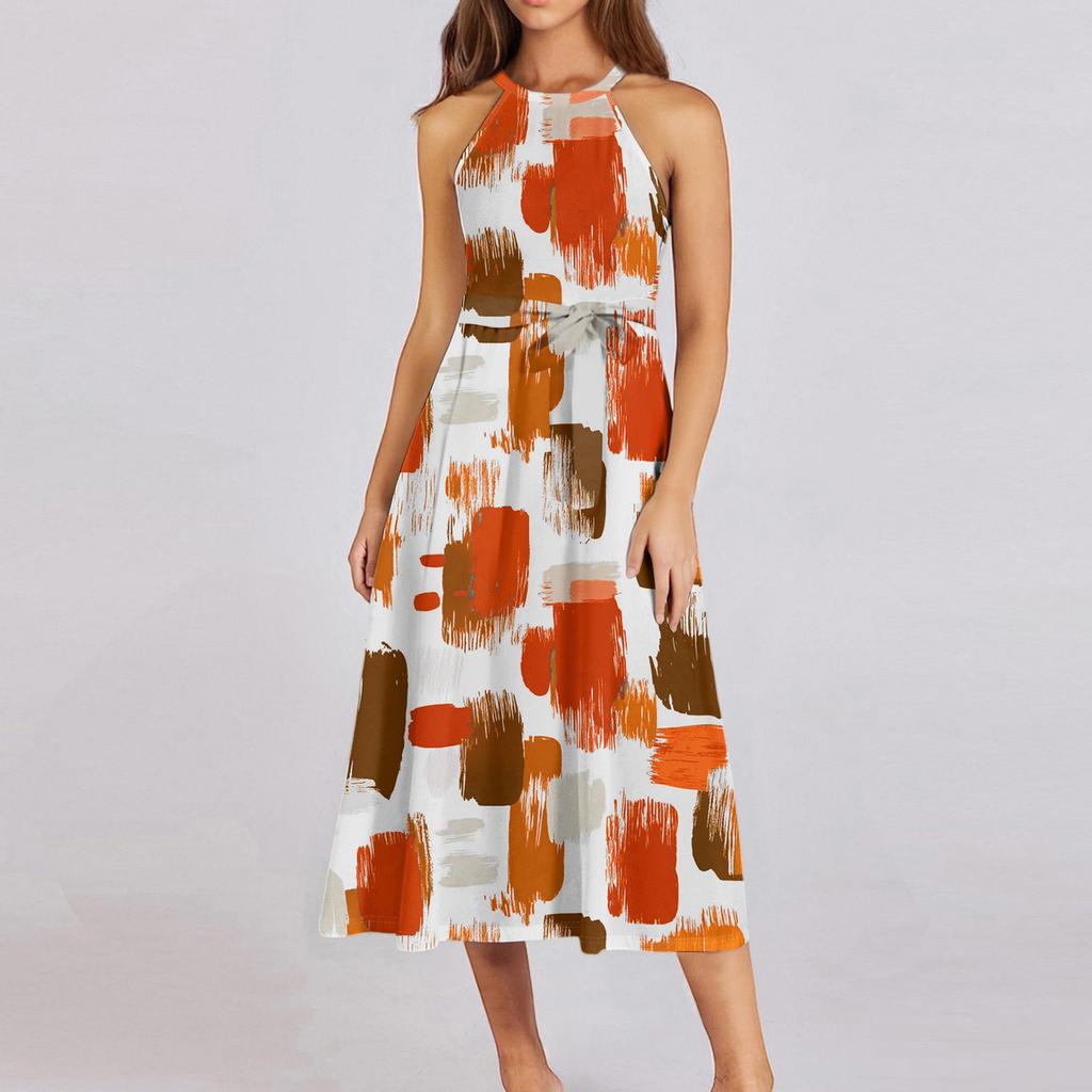 Женское повседневное платье миди с круглым вырезом, классическое, повседневное, без рукавов, свободное платье в стиле бохо с завязками, летний пляжный сарафан