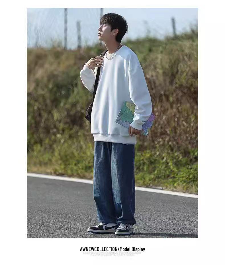 Men's Trendy Loose Round Neck Hoodie - Autumn/Winter, Long Sleeve, Plain Color, Versatile Design