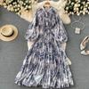 French Print Pleated Dress Female Retro Single Breasted Long Sleeve A-line Dresses Autumn Casual Vacation Long Dress