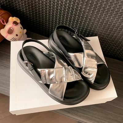 Женские сандалии на платформе с перекрестными ремешками, верхняя одежда 2025, новые легкие и универсальные удобные сандалии из мягкой кожи с мятой текстурой для пляжа