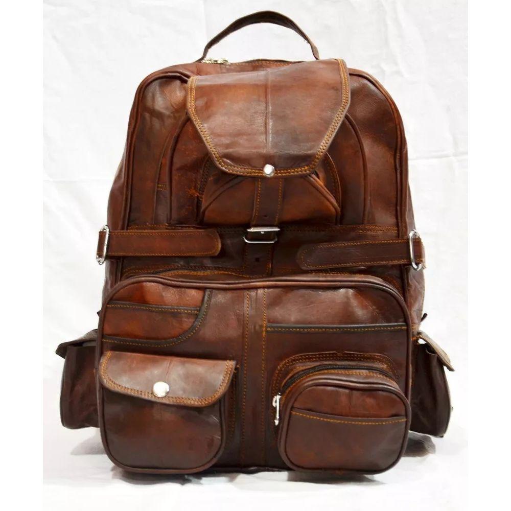 Leather Bag Goat Rucksack Backpack Genuine Laptop Vintage Travel Brown Men's