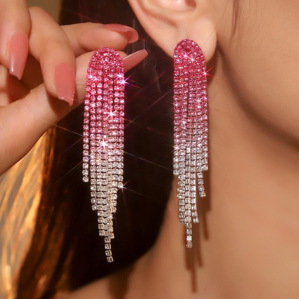 Premium Luxury Super Sparkle Rhinestone Long Tassel Earrings Women's Fashion Temperament Studded Earrings
