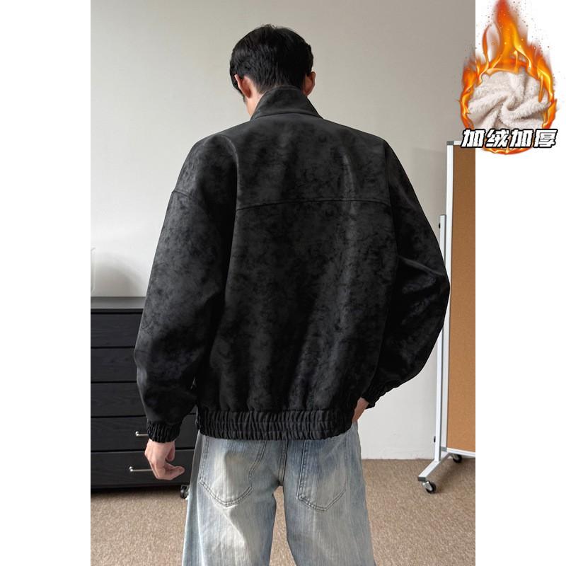 Mens Warm Fleece-Lined Cotton Jacket 2026 Loose Fit Stand Collar Zipper Front Gray Black M-5XL