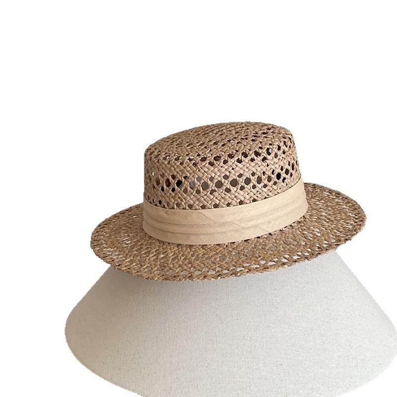 Natural Marillaise Woven Hat Women'S Fashion British Flat Top Top Hat Old Money Wind Seaside Vacation Sunshade Hollow Straw Hat
