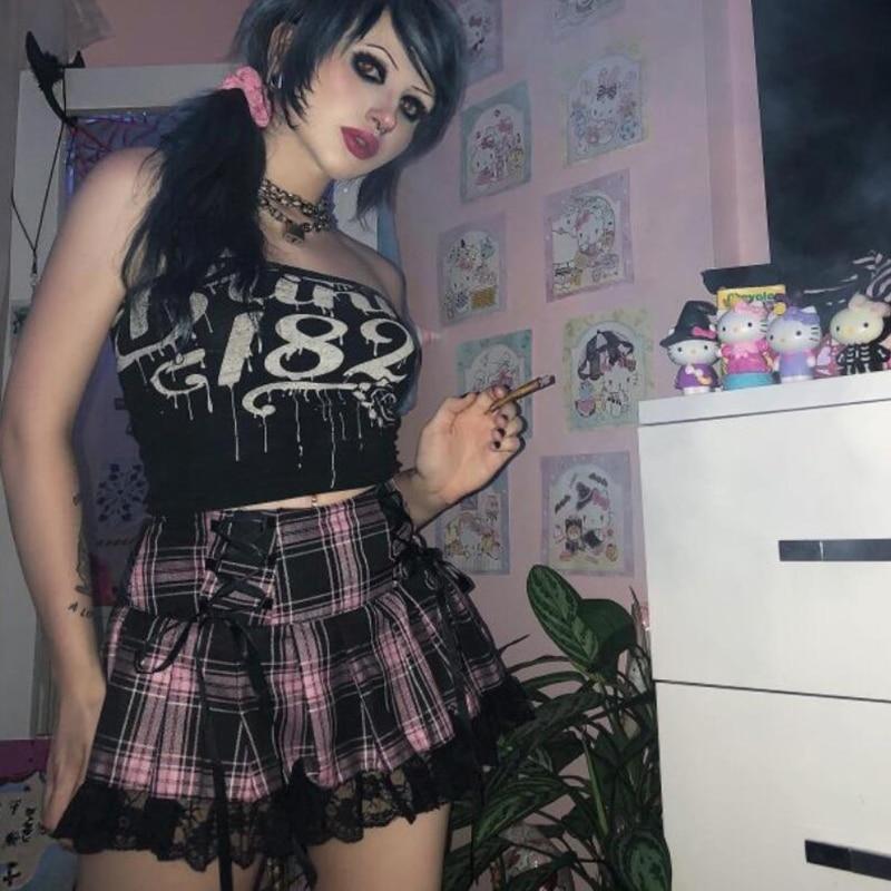 Womens Stripe Pleated Skirts Tank Cute Sweet Girls School Skirt Plaid Lace Up Mini Goth Gloves Skirt Lace