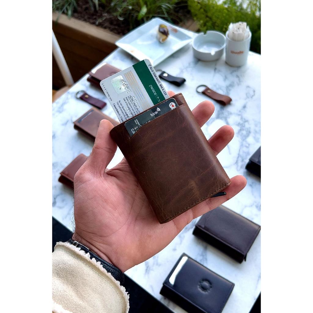 Унисекс черный кошелек из натуральной кожи с механизмом - (Специально для имени) - (Подарок на брелок из натуральной кожи)