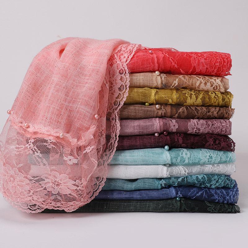 Solid Plain Lace Flower Patchwork Scarf for Women Muslim Islamic Hijab Head Scarves Shawls Female Long Pashmina Headwear
