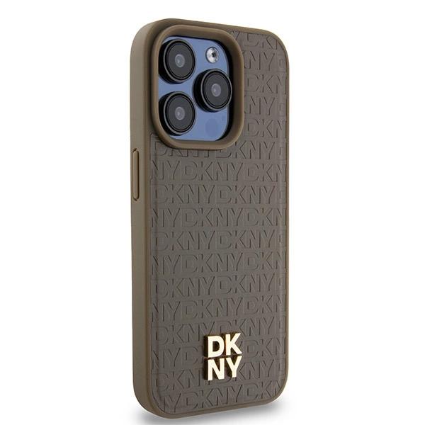 Dkny Leather Pattern Metal Logo Magsafe Case For Iphone 14 Pro Max - Brown