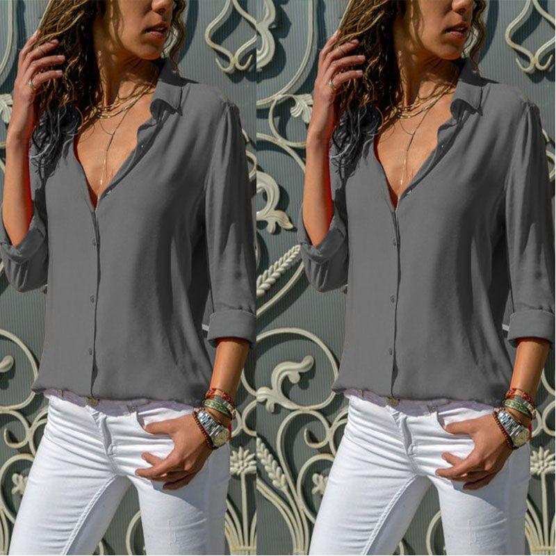 Вневременная однотонная женская офисная блузка-рубашка с длинным рукавом