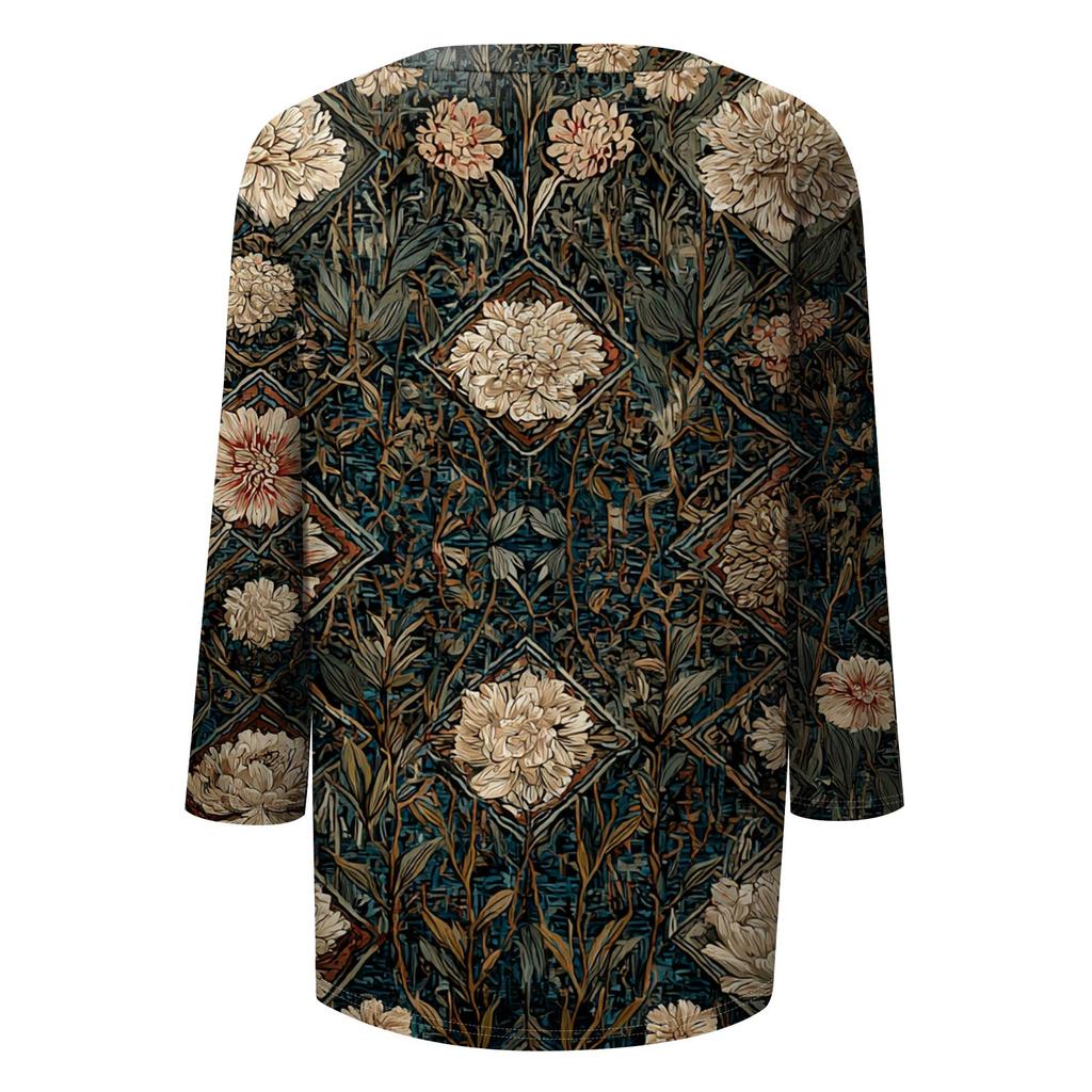 Модный винтажный топ с рукавом три четверти для женщин, женская повседневная блузка-футболка с круглым вырезом и принтом