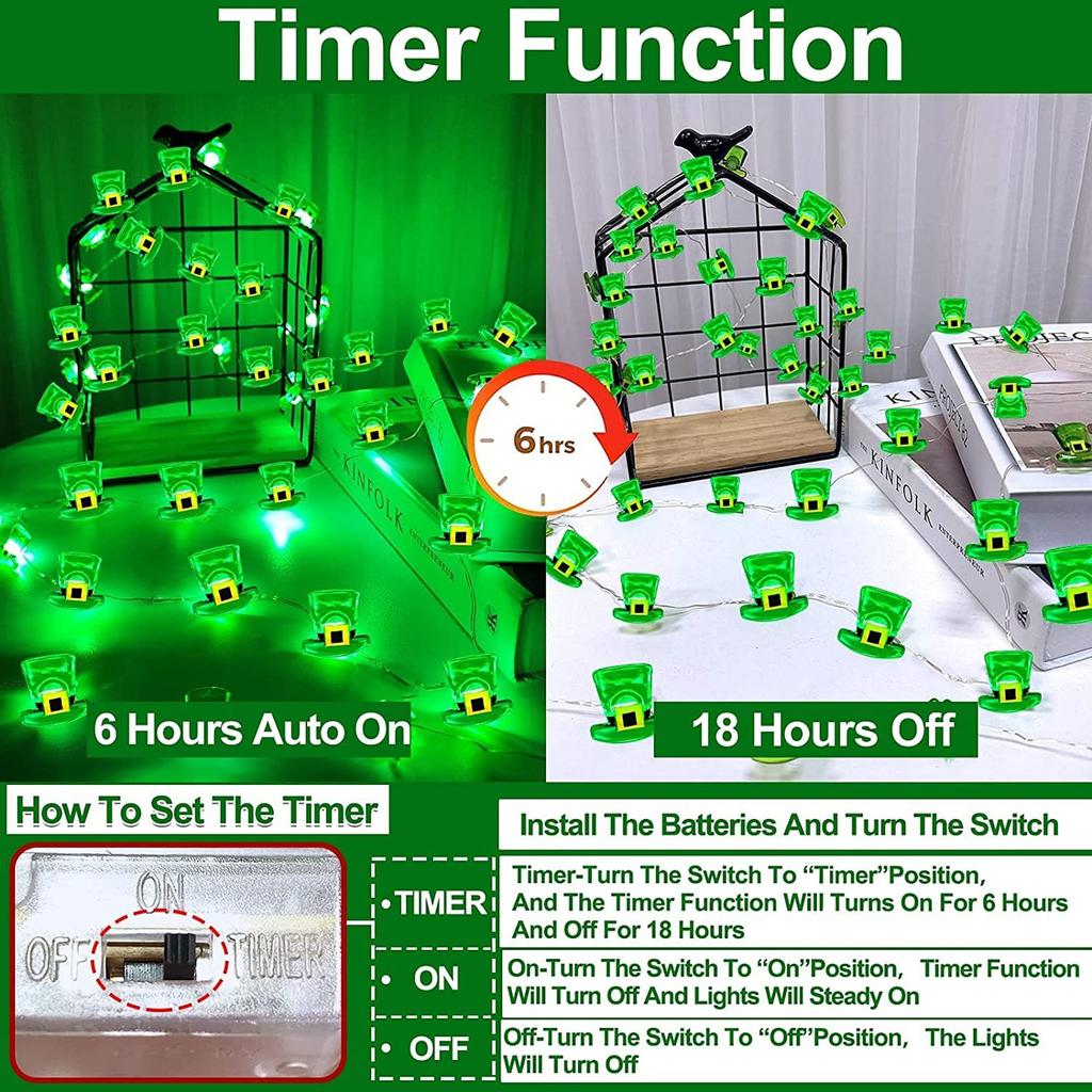 Свети-стрит. Украшения ко Дню Святого Патрика Зеленые огни Шляпа Лепрекона Работает от батареек. Ирландское украшение ко Дню Святого Патрика