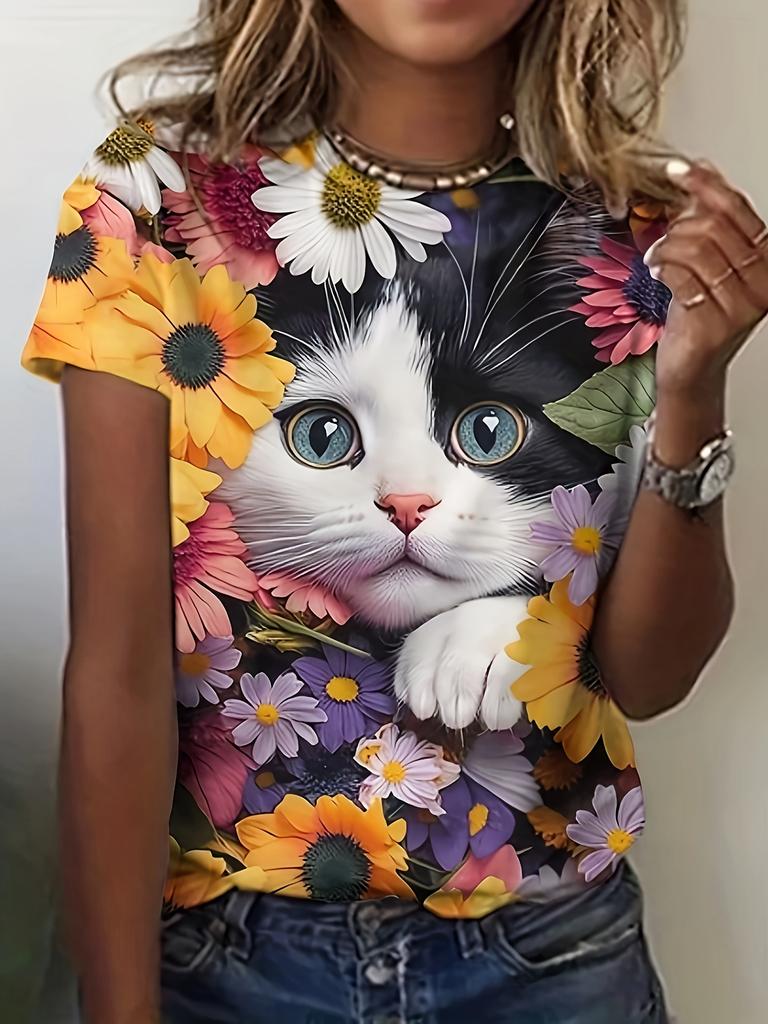 2024 Лето Новая женская футболка с 3D-цифровым принтом, креативный анималистичный узор, круглый вырез, повседневный свободный модный топ с коротким рукавом