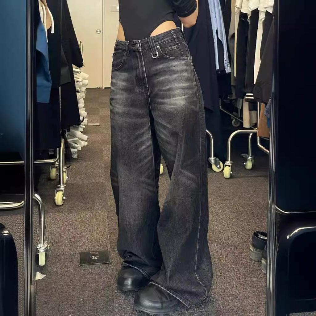 Винтажные черные широкие джинсы женские большие уличные корейские модные мешковатые джинсовые брюки гранж Y2k женский хип-хоп