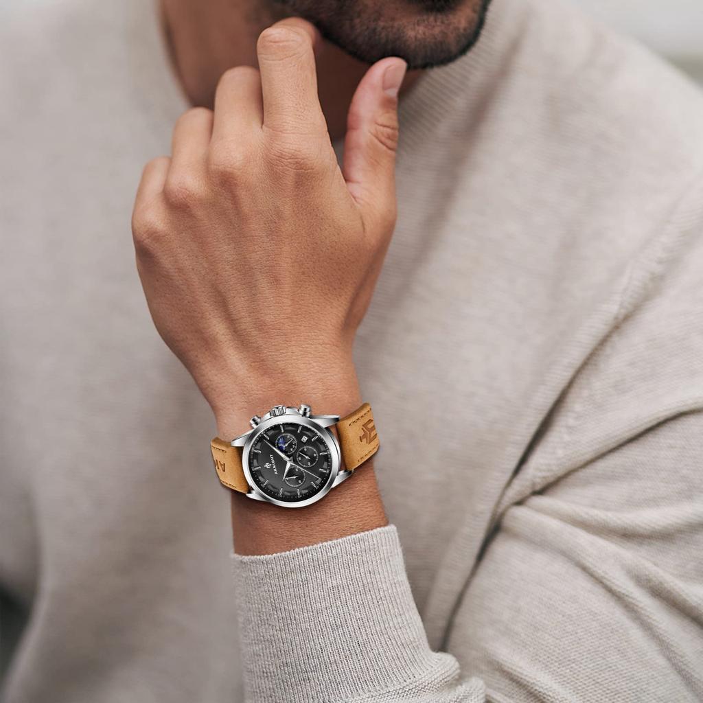BENYAR Japanese Quartz Moon Stainless Leather Compatible with Business Casual Sports Chronograph Included Men's Watch, Phase, Steel, Strap, Watches,