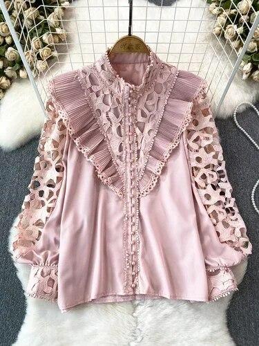 Винтажная блузка в стиле суда для женщин, с воланами, ажурные кружевные лоскутные рубашки с длинными рукавами-фонариками, женские блузки, Прямая поставка