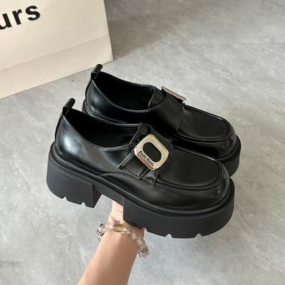 Маленький внутренний подъем, толстый каблук, лоферы женские 2025 новая круглая голова, платформа, пряжка, кожаные туфли, маленькие кожаные туфли, одинарные туфли