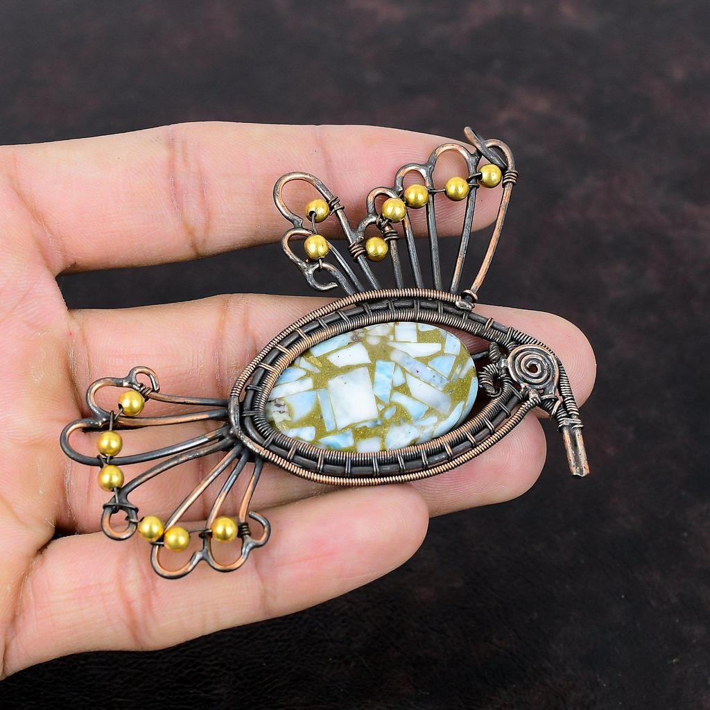 Медный кулон-ларимар, обернутый медной проволокой, кулон с драгоценным камнем. Изысканные медные украшения, кулон-птица. Кулон ручной работы. Ларимар. Ювелирный подарок для нее.