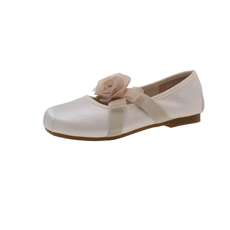 Французские ретро туфли Мэри Джейн женские лето и осень 2025 новые круглый носок мелкий вырез цветок перекрестный ремешок балетки