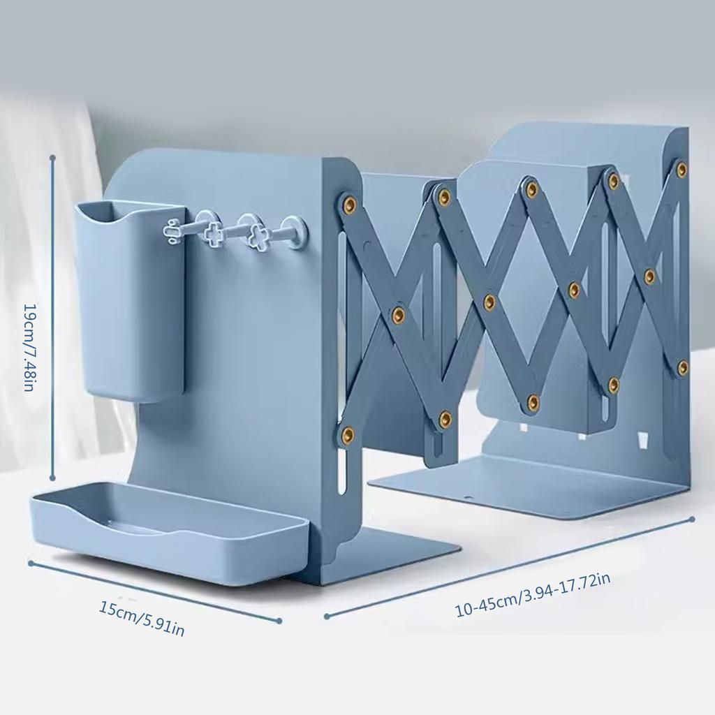 Expandable Metal Bookends Adjustable Bookends Book Holder for Shelves Metal Book Ends Magazine Holder with Pen Holder