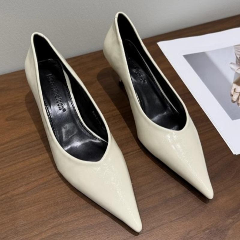 Autumn New Thin Heel Single Shoes Women's Fashion Pointed Head Shallow Mouth Leather Anti-slip Wear-resistant High Heels