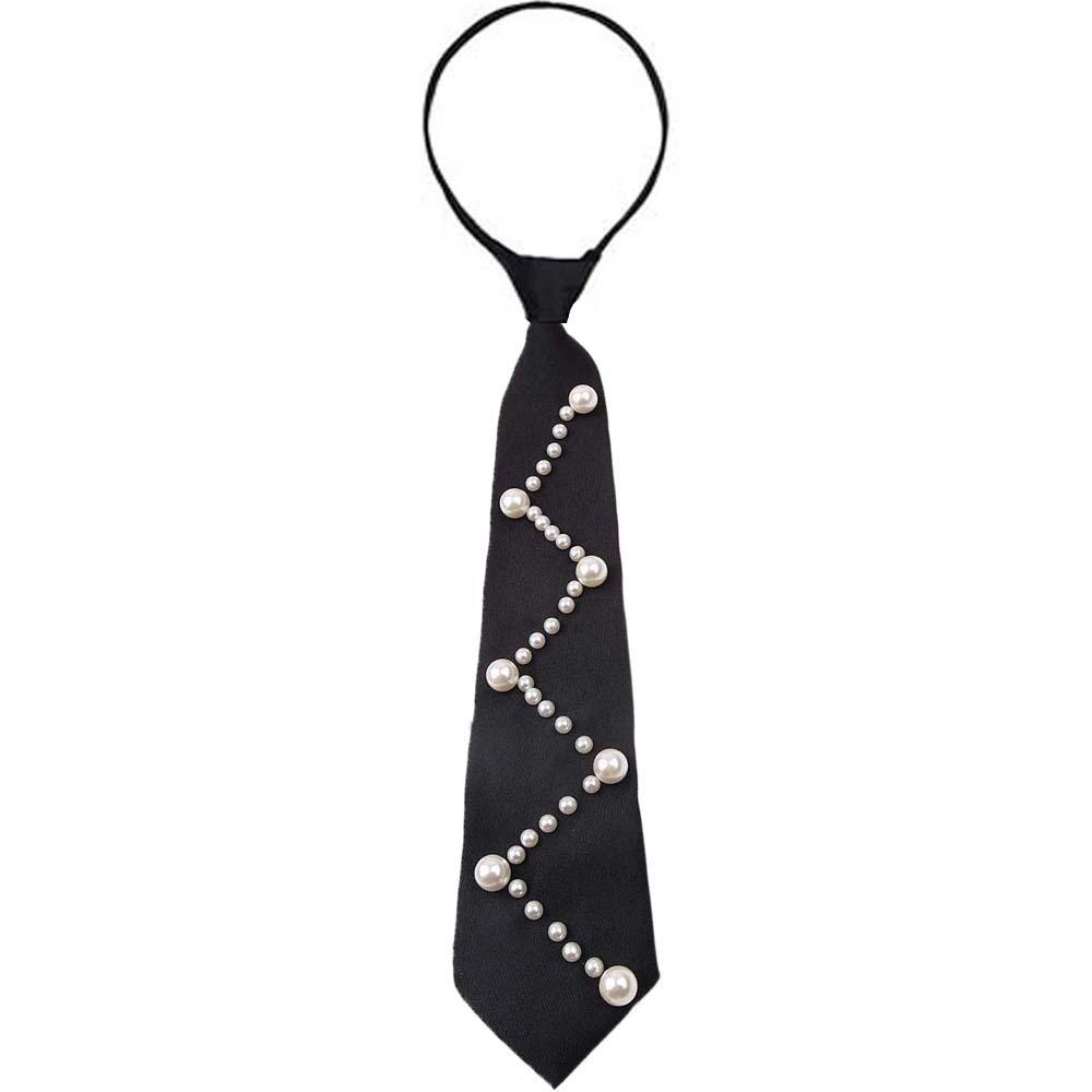 Korean Style Pearls Tie Black Decoration Shirt Tie Elegant Hand-beaded Long Necktie Students