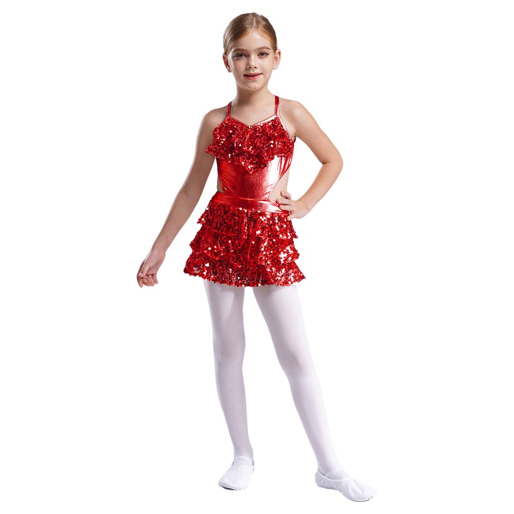 Girls Tiered Ruffle Sequins Dance Dress V Neck Sleeveless Cutout Metallic Design Stage Performance Gown