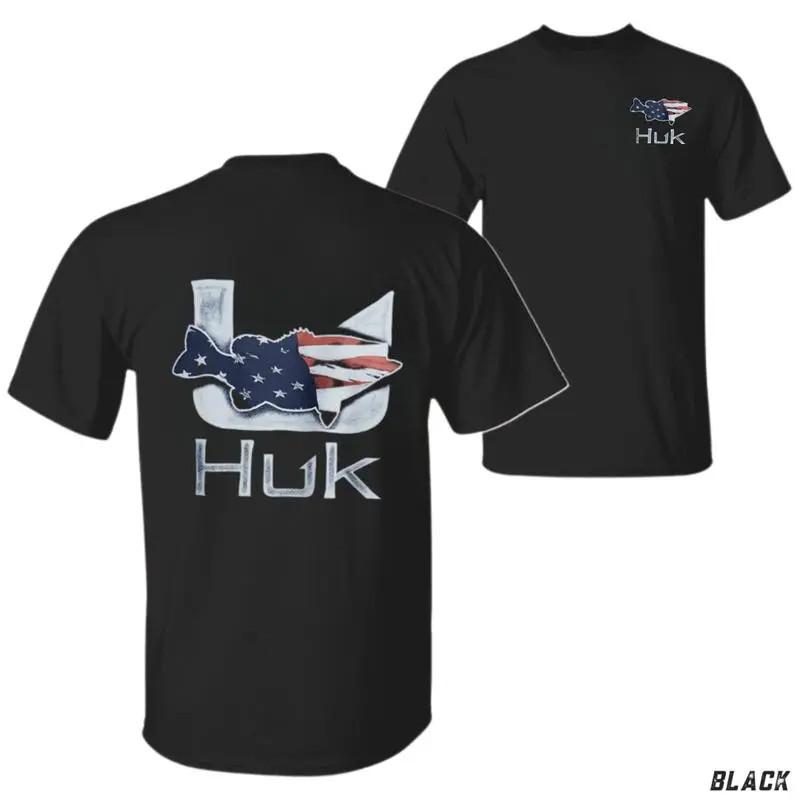Huk Fishing Flag T-Shirt, Patriotic American Flag Fish Graphic Tee