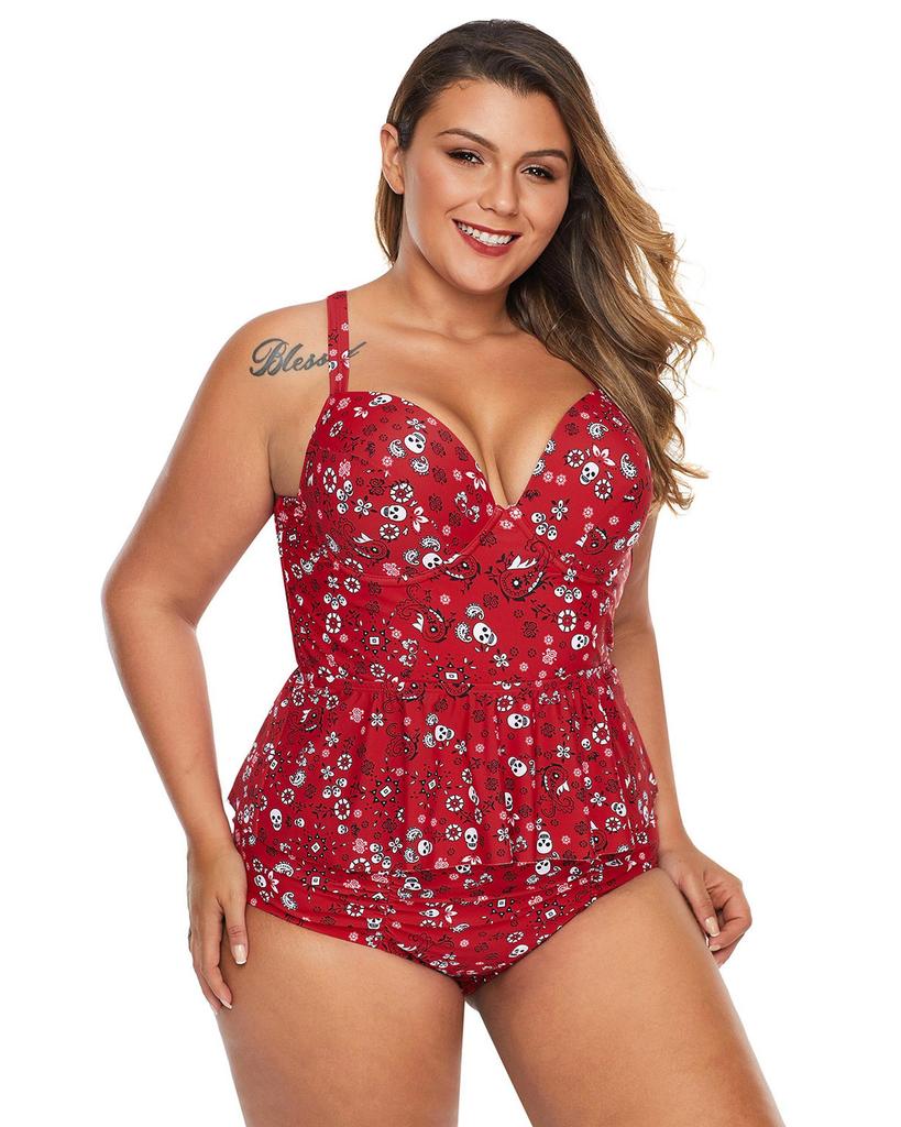 Azura Exchange Red Print Moulded Cups Peplum Plus Size Bikini
