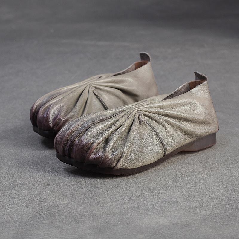 Johnature Ретро Плиссированные Балетки Ручной Работы из Натуральной Кожи с Круглым Носком на Мягкой Подошве Легкие Женские Слипоны