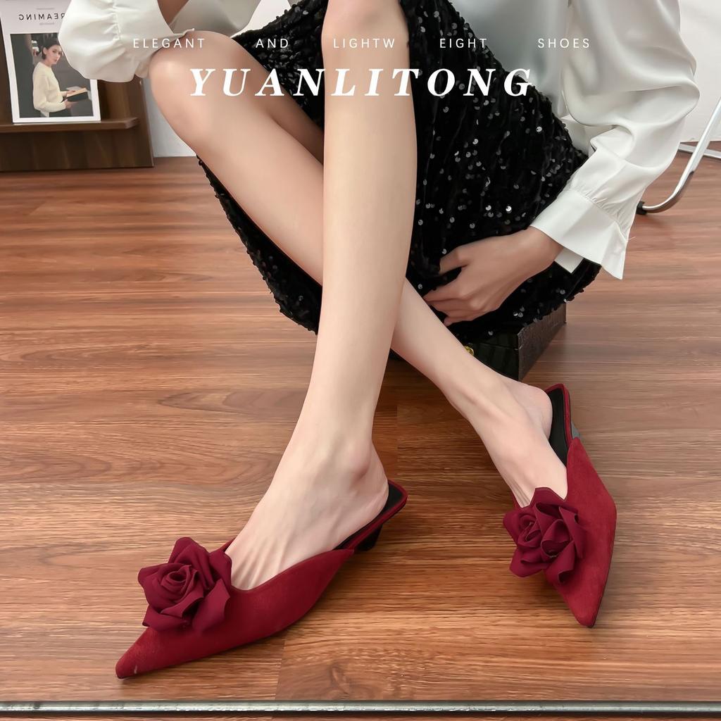 French Pointed Single Shoes Camellia Bag Head Cool Slippers Women's Summer Versatile Muller Shoes Women's 2025 Casual High-heeled Sandals