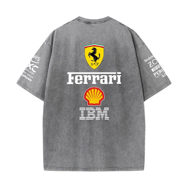 Винтажная стираная черная футболка Ferrari F1 Racing Оверсайз с коротким рукавом Ретро Логотип спонсора автоспорта Печать Повседневная уличная одежда Свободный топ