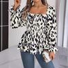 Ayollar Uzoq Qo'lli Leopard Print Shifon Bluzka Streetwear Top Kvadrat Bo'yinli Futbolka Ayollar Futbolkasi