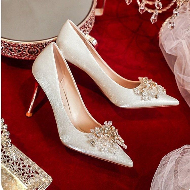 Основное свадебное платье, свадебные туфли, обычно можно носить, французский высококлассный стиль, нишевые французские свадебные туфли, туфли-лодочки на высоком каблуке