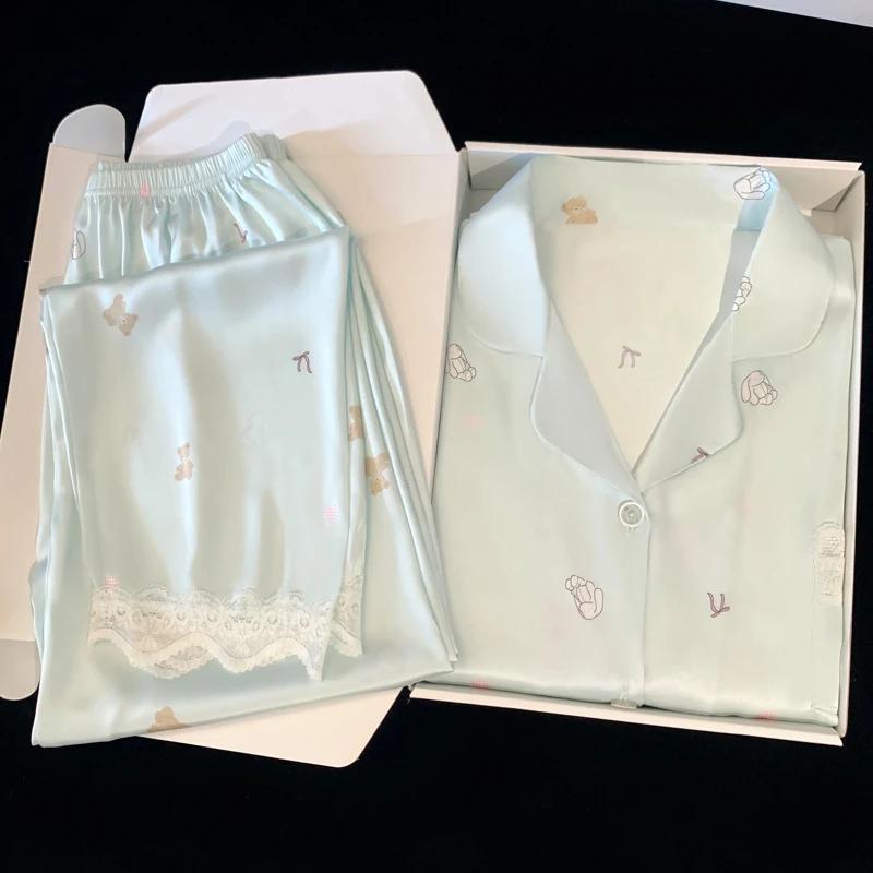 Милая женская пижама из 2 предметов с рисунком маленького медведя Kawaii, милая, простая, Y2k, кружевная пижама, новый осенний комплект с коротким рукавом и брюками