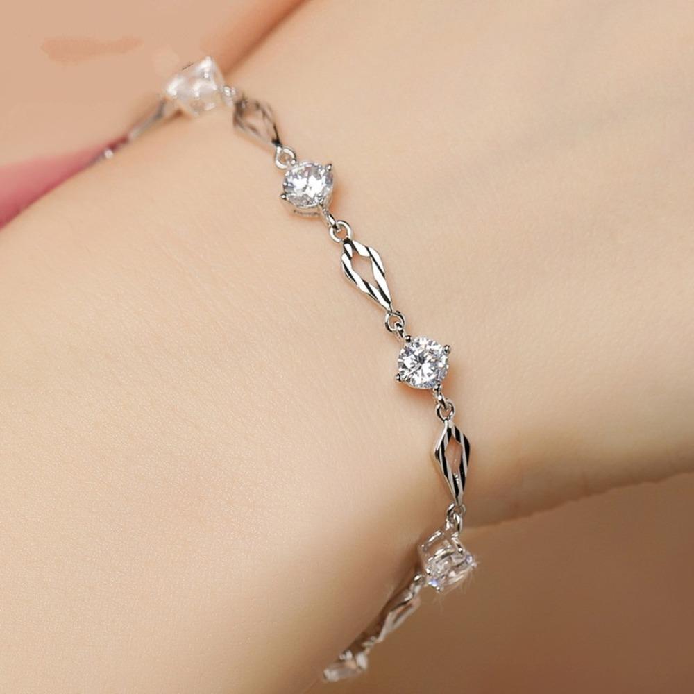 925 Silver Plated Diamond Cut Rhombus Bracelet for Women Elegant Fashion Jewelry Gift