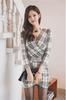 Village Gingham Check Tight Long Size 342 H&T Women's Dress, Fit, Stretch, Sleeves, (M, White)