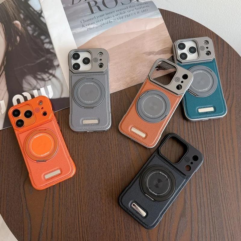 Luxury Magnetic Leather Aromatherapy Phone Case For 17 16 15 14 13 12 Pro Max Rotate Bracket Wireless Charging Borderless