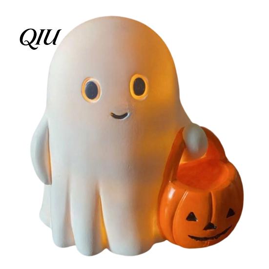 Ghost Figurine with Night Light Halloween Holding Pumpkin Figurine, Spooky Statue Light, Resin Ornament for Desk Tabletop Centerpiece LED Lamp