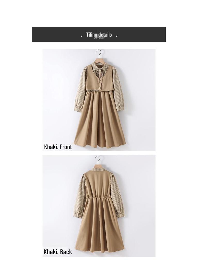 Платье для девочек «Гусиная лапка», имитация двойки - 2025 Осень, студенческий стиль для детей