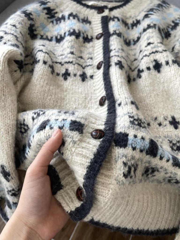 Женский вязаный кардиган с круглым вырезом и жаккардовым узором в стиле ретро, Осень/Зима, Толстое однобортное пальто-свитер с узором Фэр-Айл.