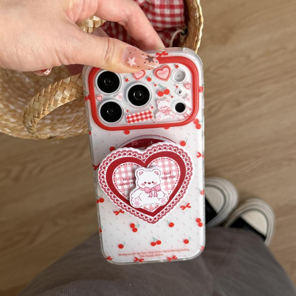Милый Мультяшный Вишневый Медведь Яблоко Магнитный Чехол для iPhone 17 Pro Max/iPhone 16/15P/14